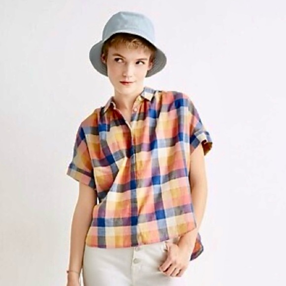 Madewell, Hilltop, Rainbow Madras Plaid, Boxy Shirt, Blue, Orange, Pink,… - Picture 3 of 14
